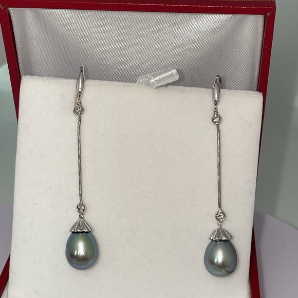 Solid Stamped 14K White Gold Tahitian Pearl Natural Diamond Bezel Drop Earrings - Picture 7 of 13